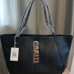 Cavalli Class Sandra Shopper Black Onyx Tote Bag Gold Logo NWT